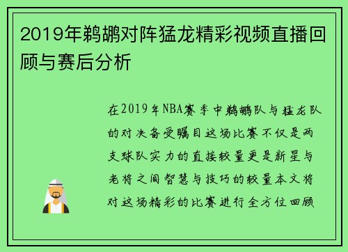 2019年鹈鹕对阵猛龙精彩视频直播回顾与赛后分析